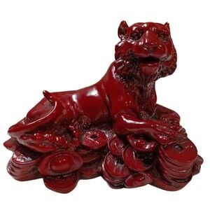 Vintage 1980s Feng Shui Cinnabar Tiger Figurine - 4" Tall x 6" Wide Red & Black